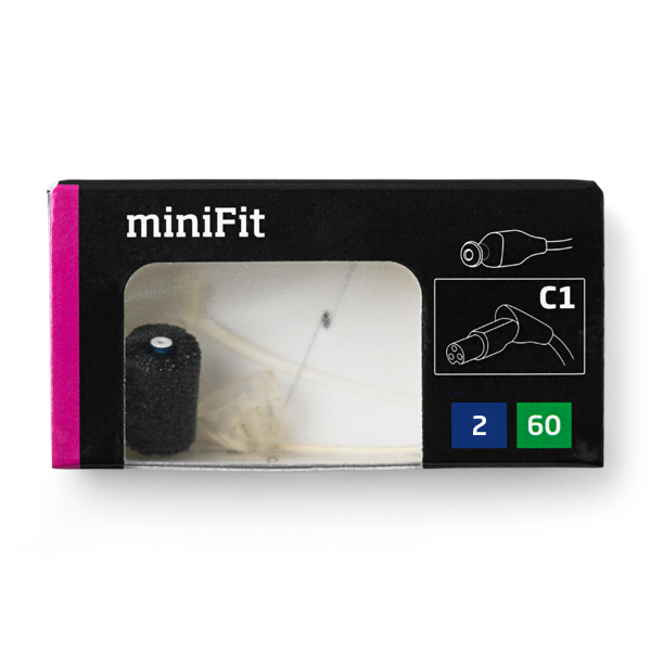 A black and pink MiniFit box with a transparent window shows an Oticon MiniFit Receiver 60 earbud. Icons and text include "C1," a blue "2," and a green "60" at the bottom right corner.