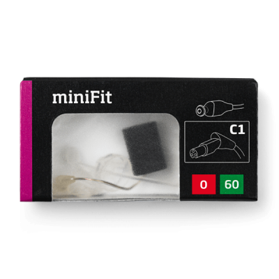 A black Oticon MiniFit Receiver 60 box features a clear window revealing the device. The box shows