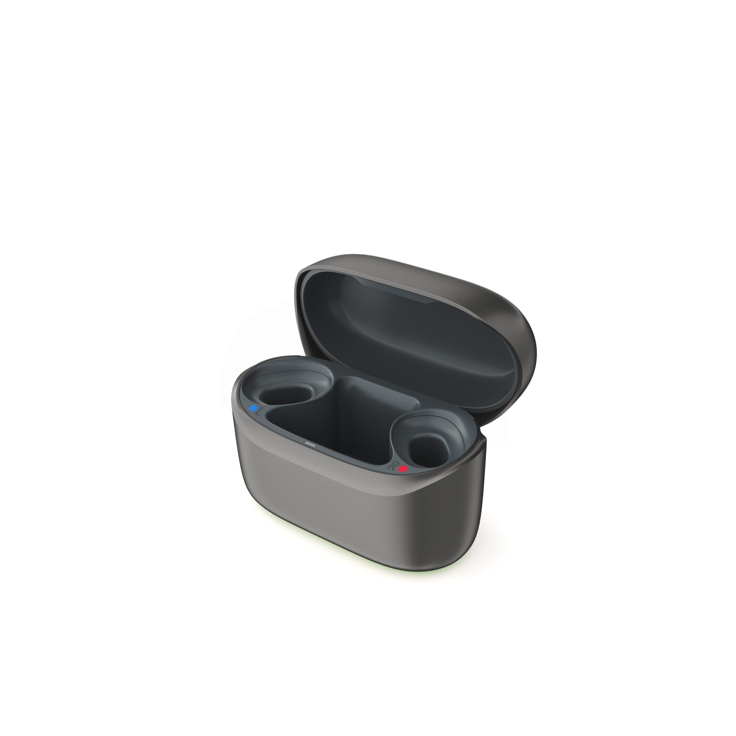 Open dark gray Phonak ChargerGo RIC I EON case for hearing aids with left and right indicators.